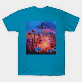 Nature Garden Flowers Botanical Butterfly Pink Orange Sunset T-Shirt